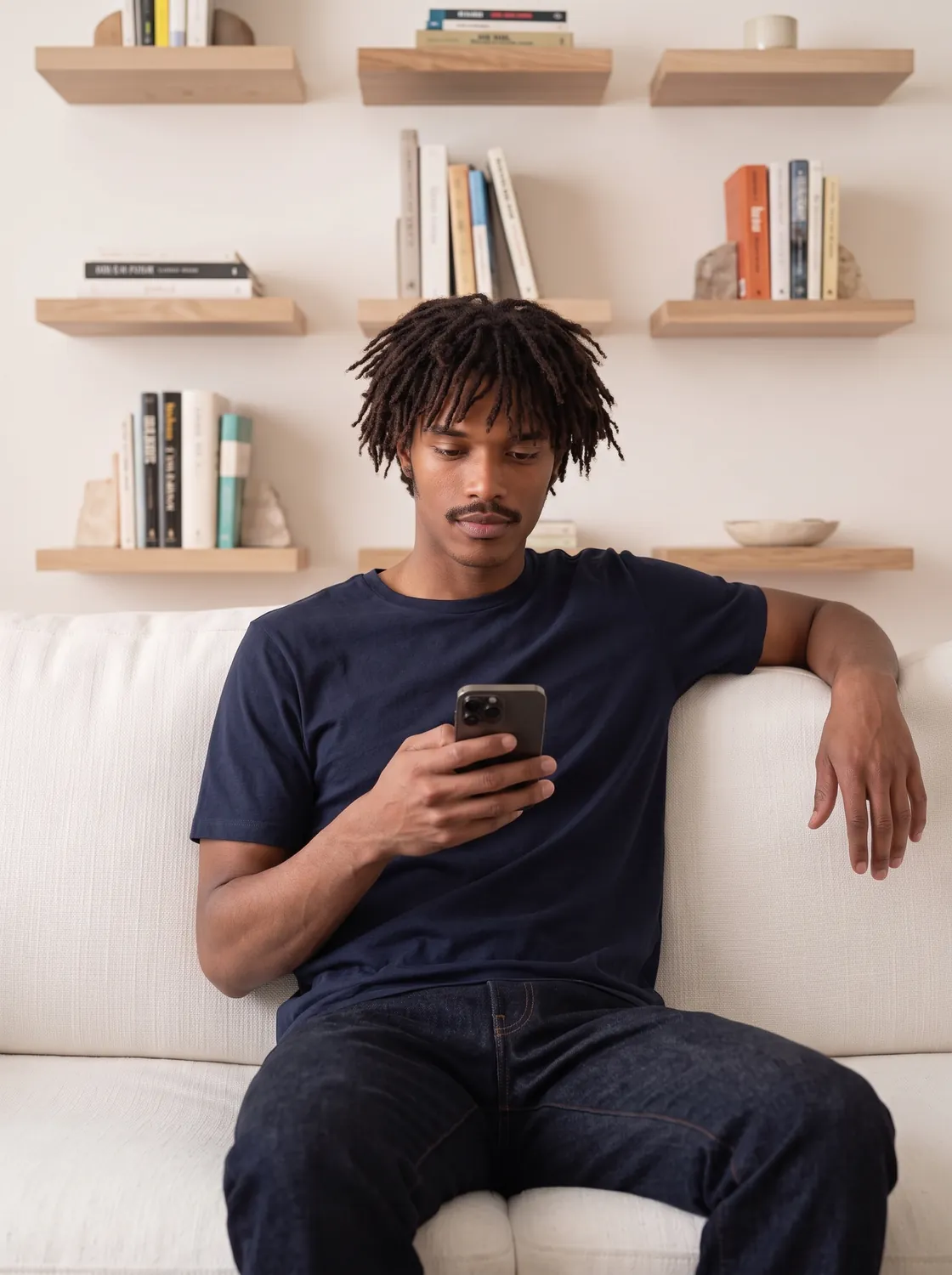 A man on a sofa looking at his phone