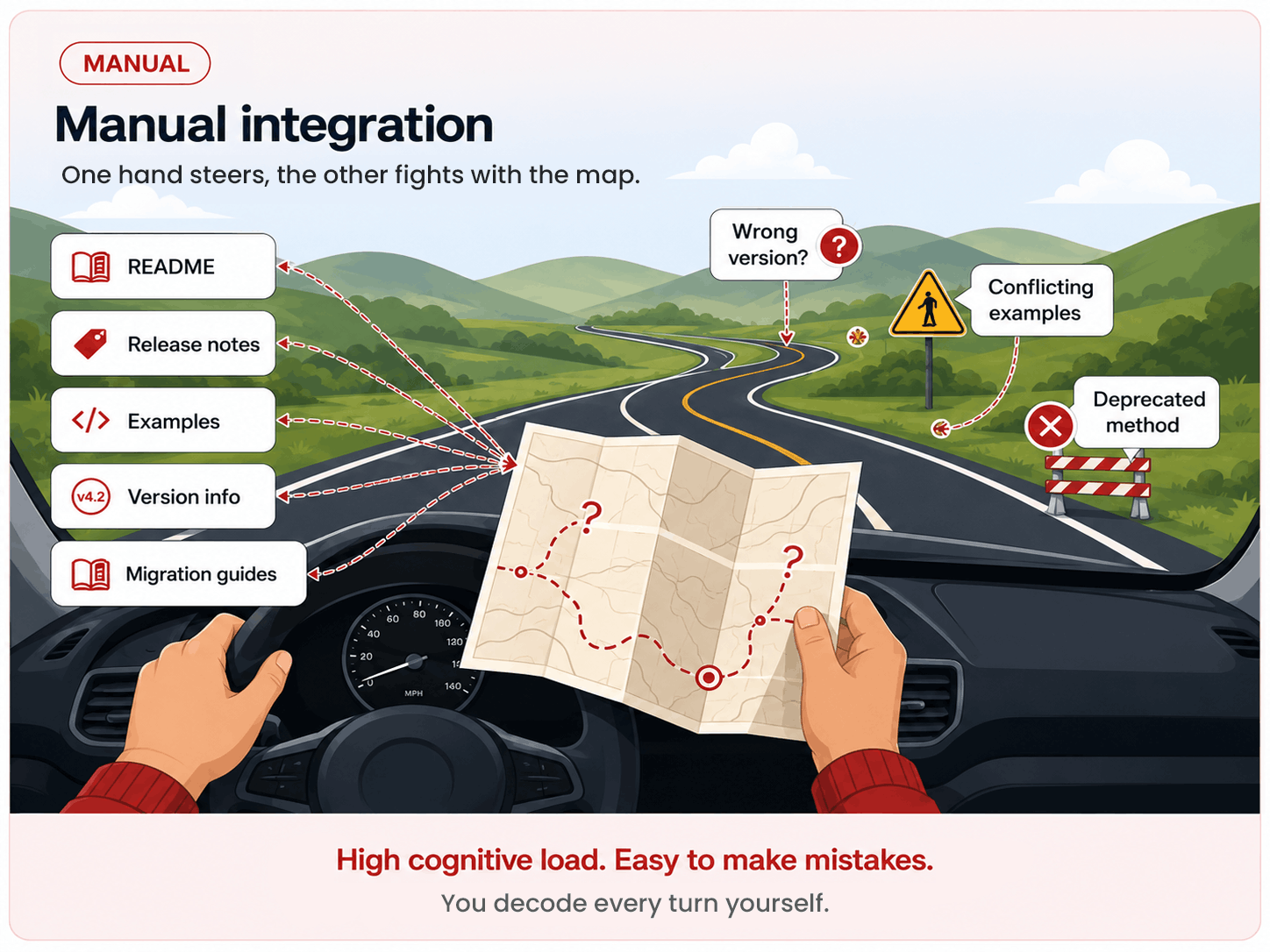 Illustration of manual SDK integration, likened to navigating with a paper map