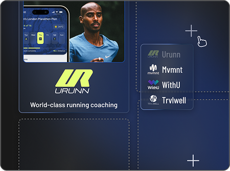 App picker showing URUNN running coaching alongside Mvmnt, WithU and Trvlwell