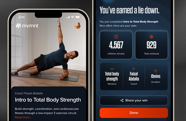 Mvmnt workout screen and a completion summary reading 'You've earned a lie down'