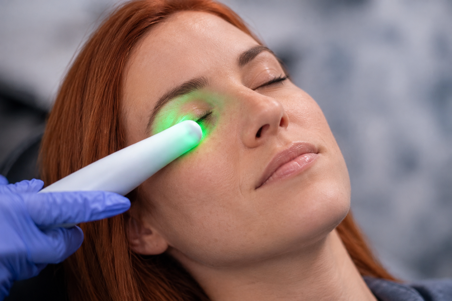 Close-up of a woman with red hair receiving green light therapy on her closed right eyelid using a handheld device held by a gloved hand.