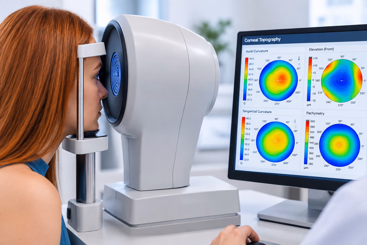 Young woman with red hair undergoing an eye exam using a corneal topography machine, with colorful corneal curvature and elevation maps displayed on a nearby monitor.