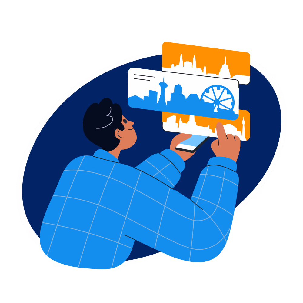 Illustration of a person holding a smartphone and interacting with floating cards displaying city skylines and landmarks, set against a dark blue oval background.