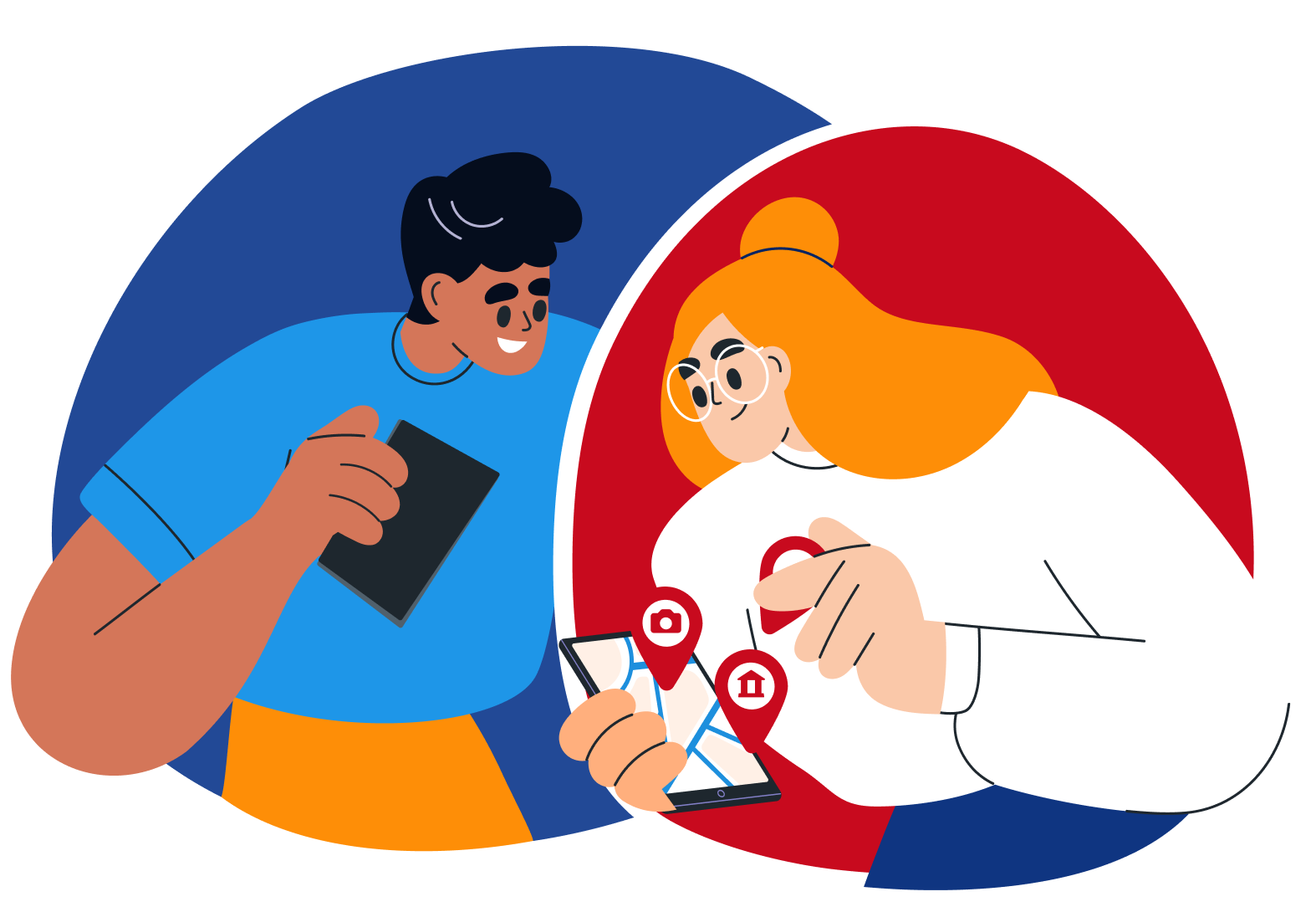 Illustration of a man and woman looking at a smartphone screen displaying a map with red location pins, showing a photo and a building icon.