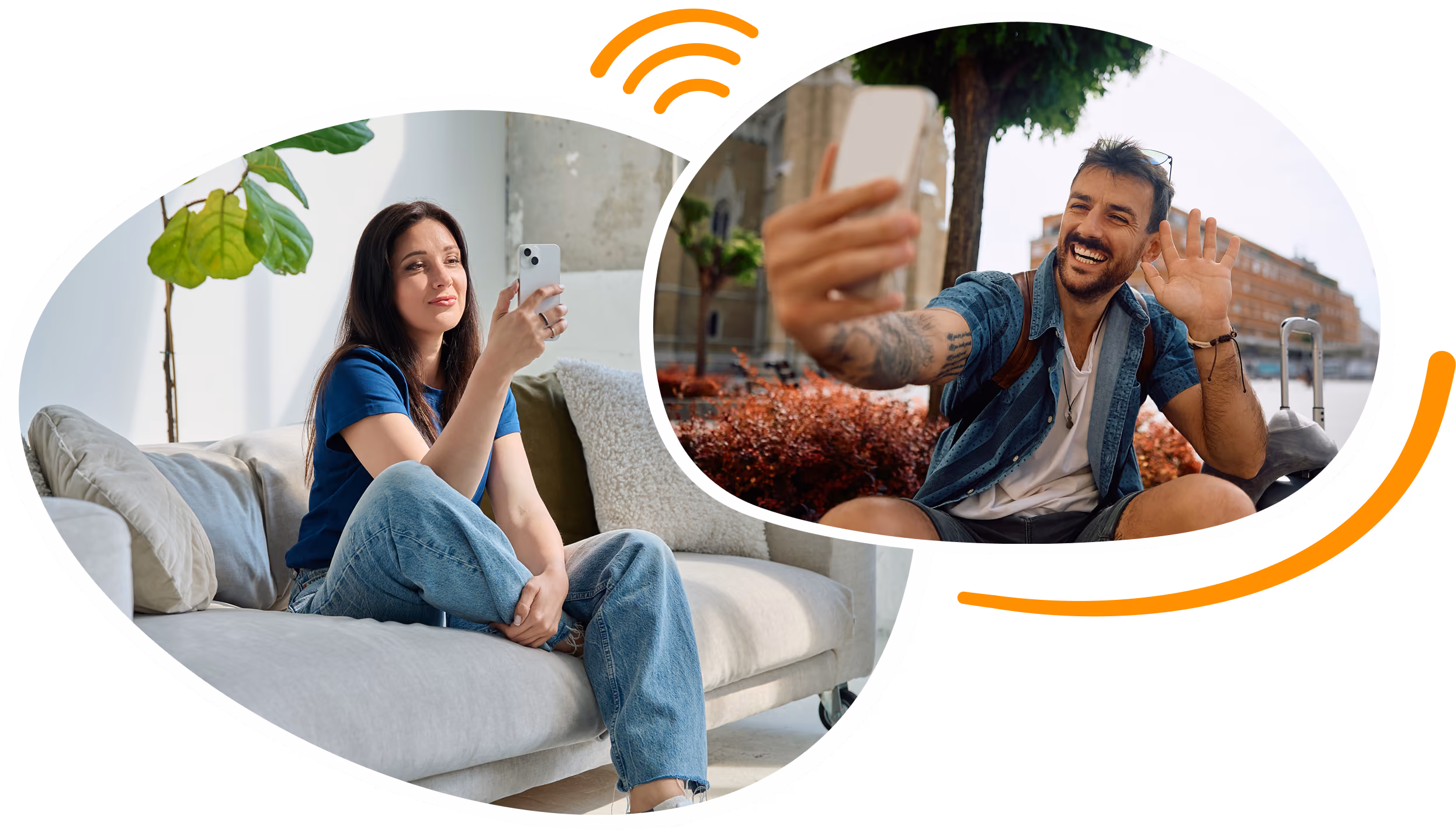 Split image showing two people video calling on smartphones: a woman sitting on a couch indoors and a man outdoors, smiling and waving with luggage beside him.
