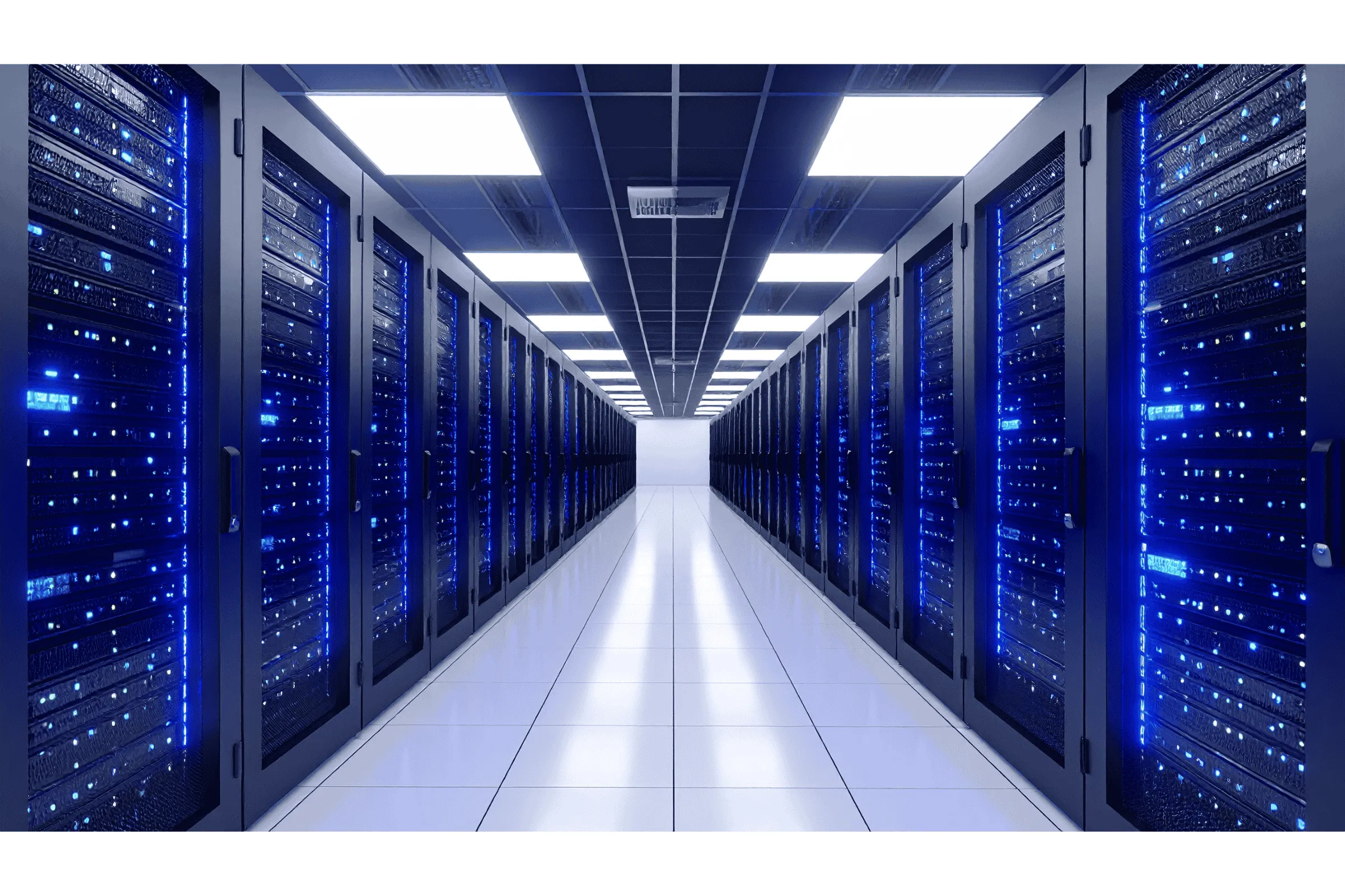 Aisle of illuminated server racks in a data centre