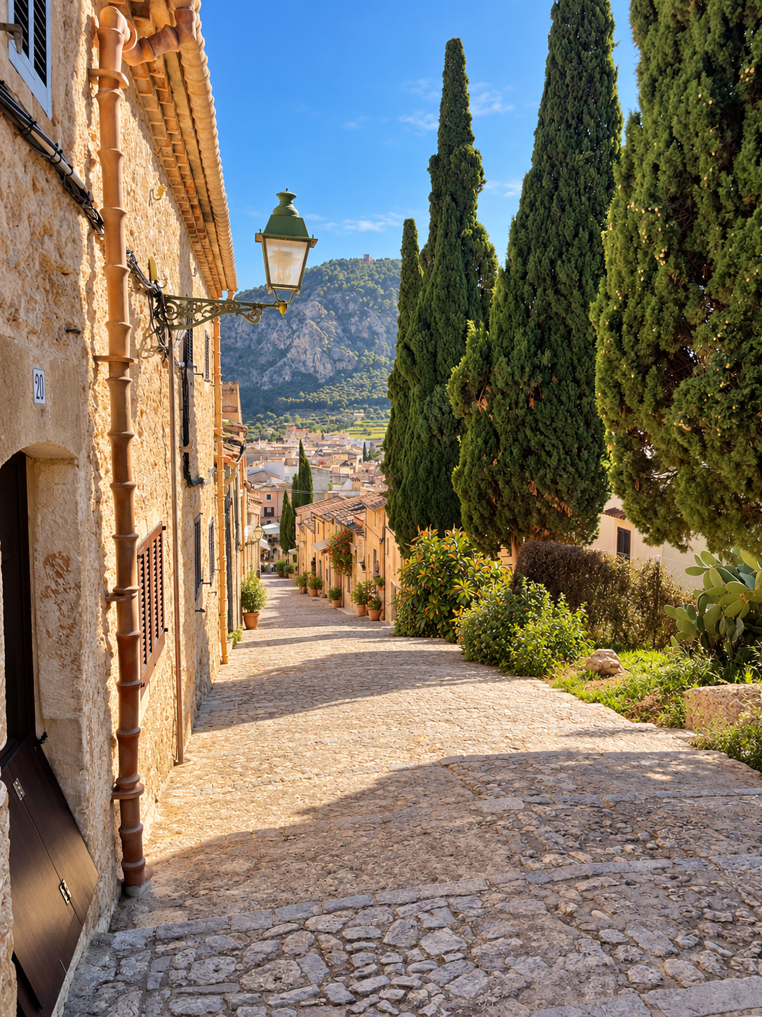 Historic stone street overlooking Pollença in northern Mallorca
