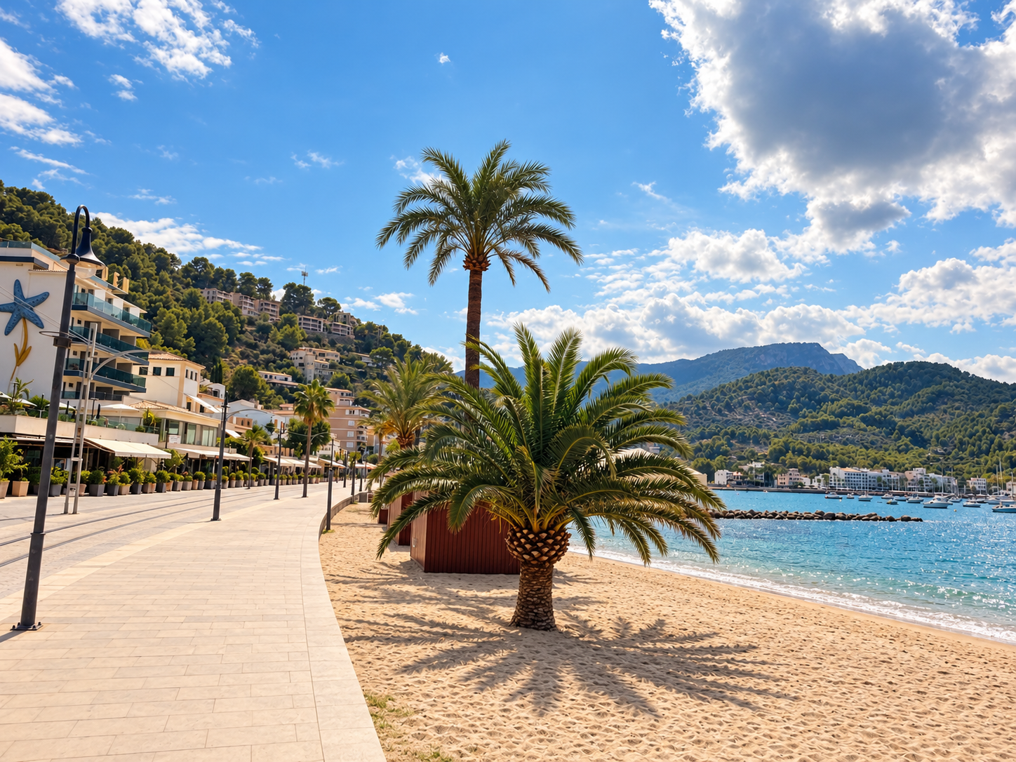 Mallorca area guide Palm-lined beach and harbour in Port de Sóller, Mallorca
