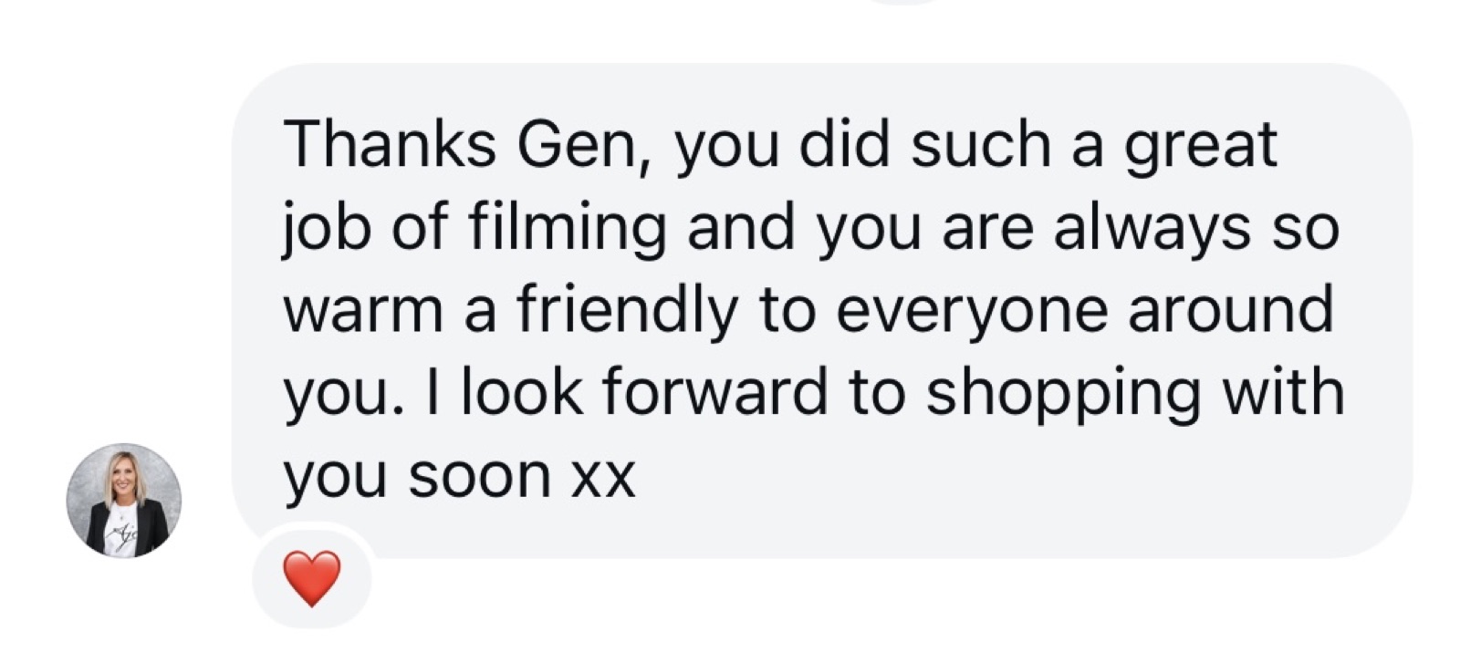 Client message thanking Gen for the filming