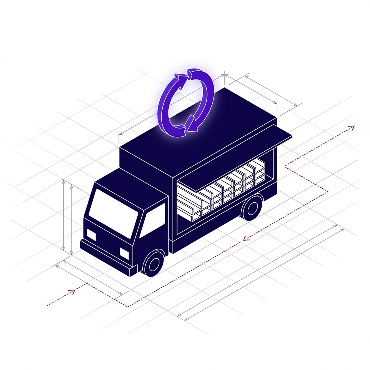 Illustration isométrique d'un camion de livraison avec une section latérale ouverte montrant des étagères remplies de boîtes et une icône de flèches circulaires au-dessus, symbolisant le réapprovisionnement ou le processus de livraison.