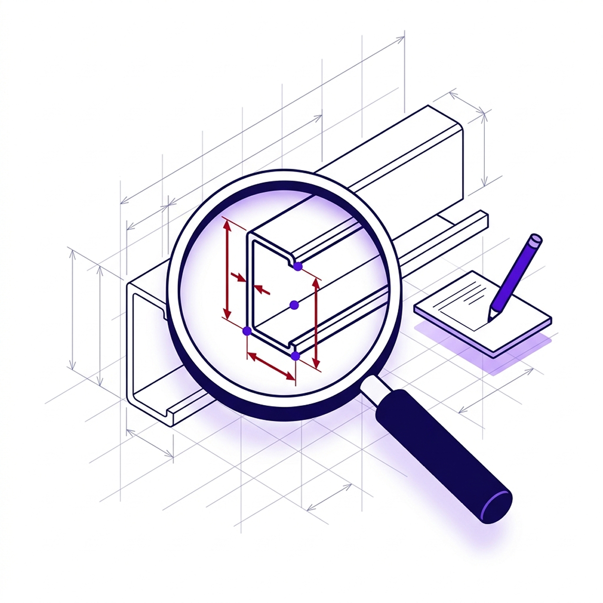 Illustration technique montrant une loupe examinant les dimensions d'un profilé métallique en forme de U, avec des lignes de mesure rouges et des points de repère violets, sur un fond de dessin technique isométrique et une feuille avec un crayon à côté.