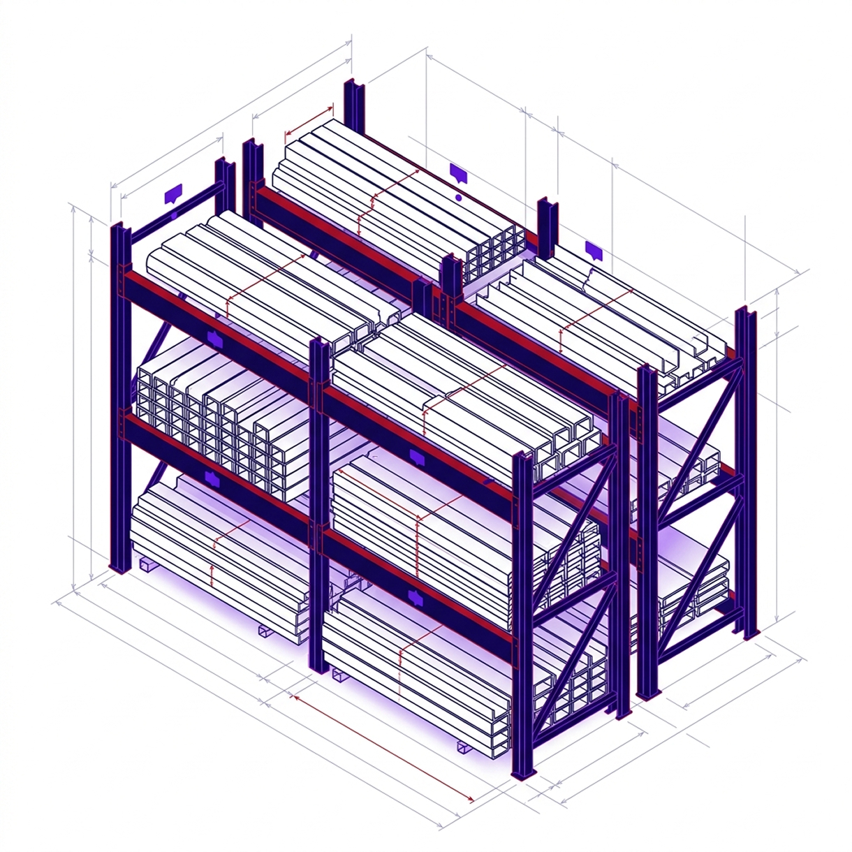 Schéma technique en perspective isométrique d'une étagère industrielle en métal avec plusieurs niveaux, contenant des piles organisées de barres métalliques ou tubes rectangulaires. Les mesures précises des dimensions de l'étagère et des barres sont indiquées par des lignes de cote.