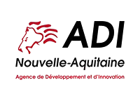 Logo d'ADI Nouvelle-Aquitaine avec une tête stylisée rouge de lion et le texte Agence de Développement et d'Innovation en dessous.