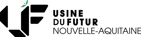 Logo avec les lettres stylisées U et F formant une usine avec une feuille verte au sommet, accompagné du texte Usine du Futur Nouvelle-Aquitaine.