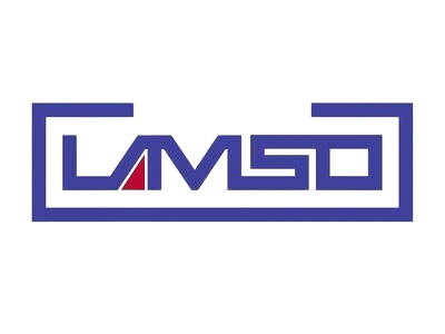 Logo de LAMSO en bleu foncé avec un petit triangle rouge dans la lettre A, encadré par un rectangle bleu foncé.