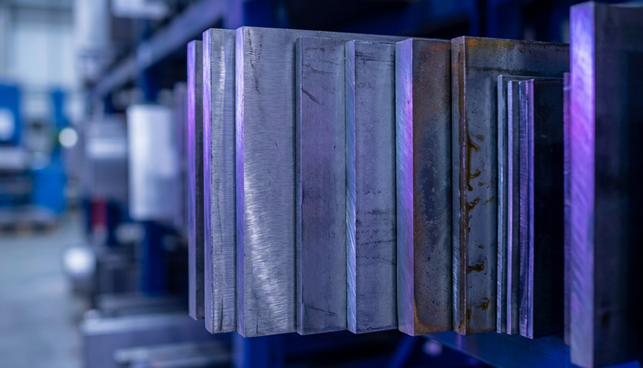 Des plaques d'acier de différentes nuances et finitions sont alignées verticalement dans un environnement industriel flou en arrière-plan.