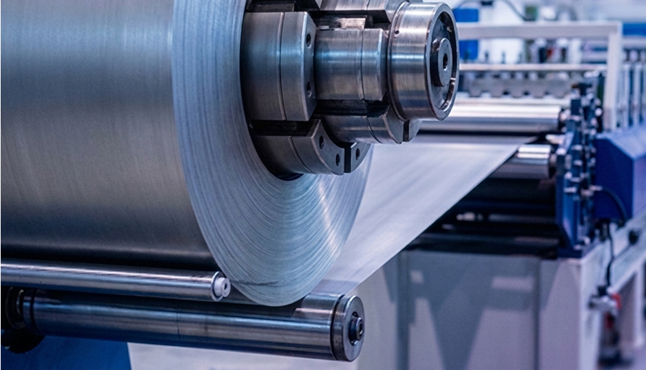 Déroulage d'une bobine métallique sur une machine industrielle avec un rouleau de métal lisse en cours de traitement.