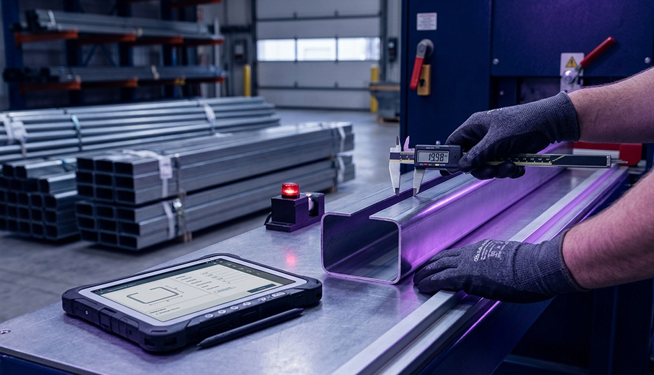 Opérateur en gants mesurant un profilé métallique rectangulaire à l'aide d'un pied à coulisse numérique sur une table en acier dans un atelier industriel, avec un ordinateur portable robuste affichant un schéma technique à côté.