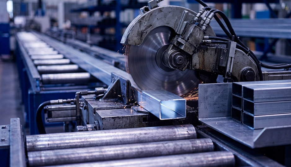 Machine industrielle coupant une barre métallique carrée dans une usine avec des étincelles visibles.