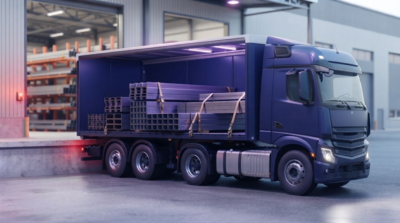 Camion bleu avec remorque ouverte transportant des poutres métalliques empilées et attachées, garé devant un entrepôt industriel.