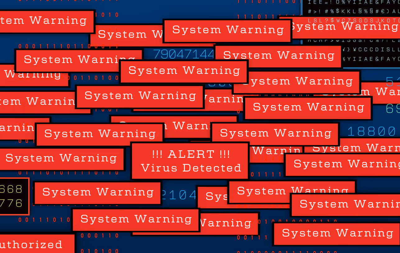 Blaues digitales Hintergrundbild mit roten Pop-up-Meldungen, die mehrfach "System Warning" zeigen, sowie einem zentralen Pop-up mit der Aufschrift "!!! ALERT !!! Virus Detected".