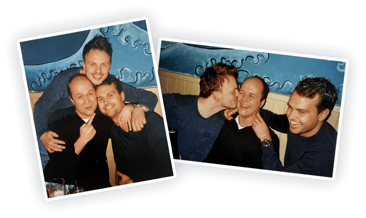 Two old photos of three laughing men hugging each other in a bar
