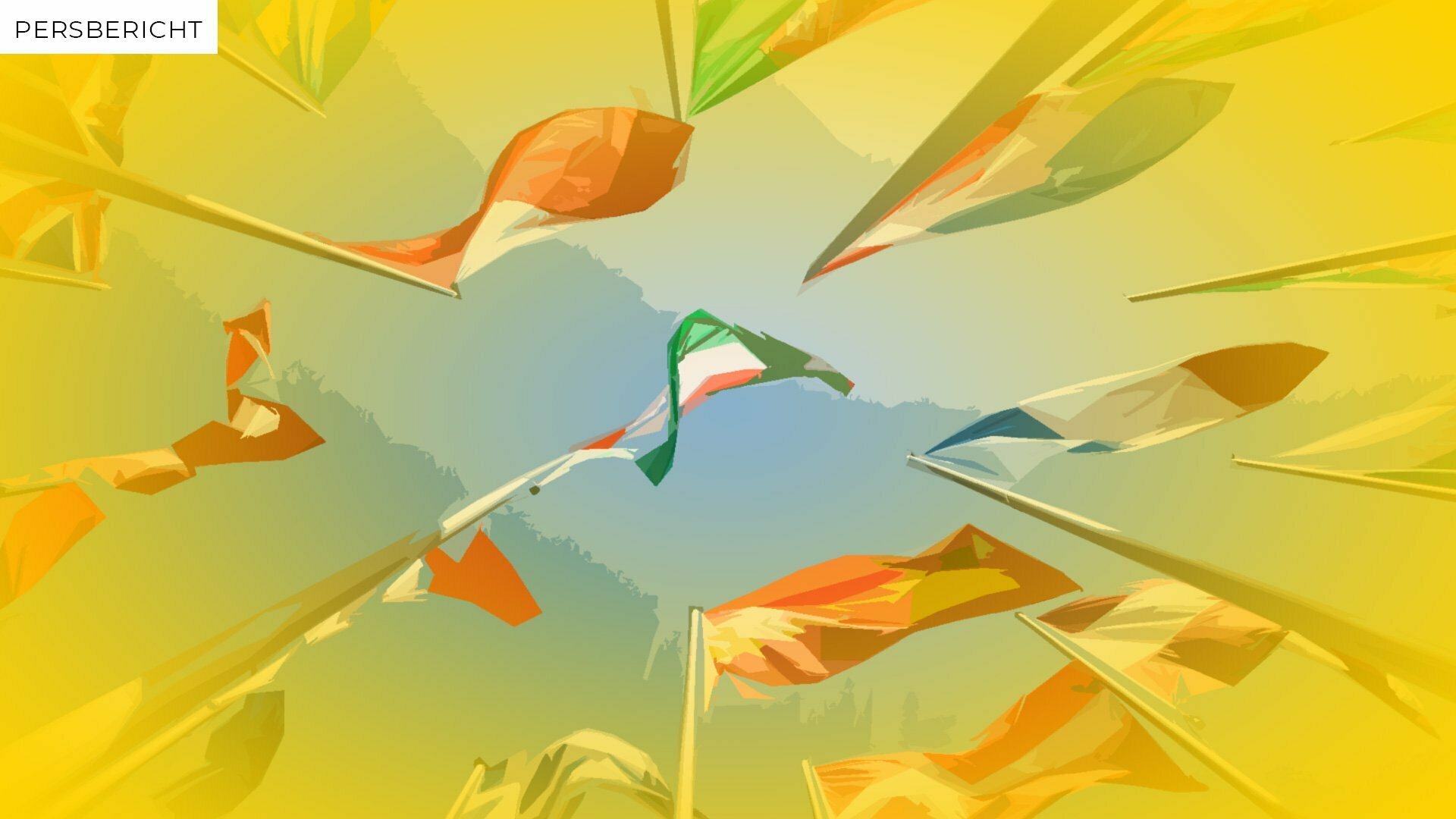 Illustration of waving orange and green flags on poles, seen from below, with the label Press release