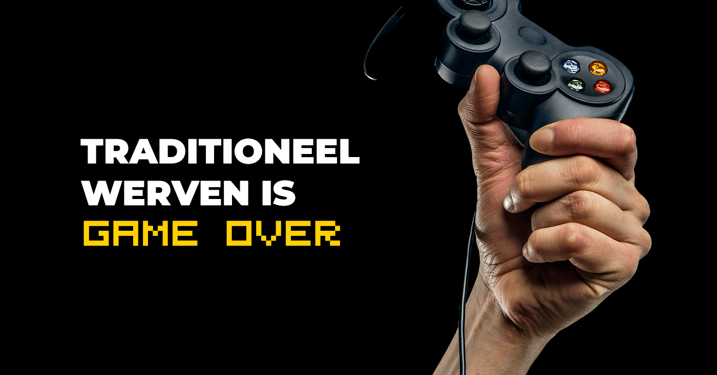 Hand holding up a game controller next to the text Traditional recruiting is game over