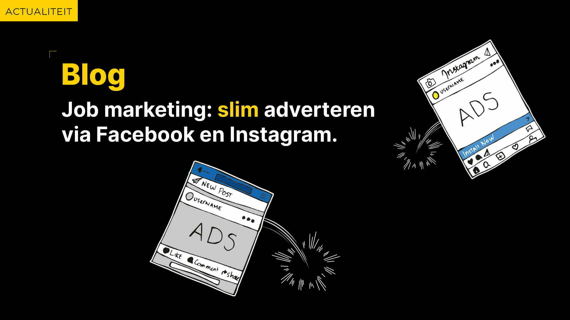 Illustration of two ads on Facebook and Instagram with the text Job marketing: smart advertising via Facebook and Instagram