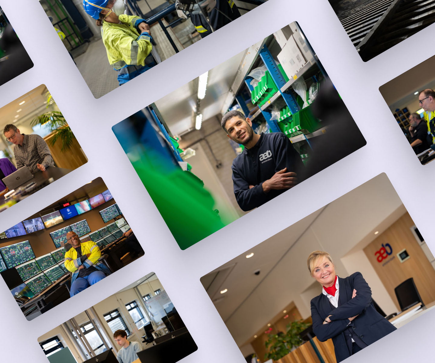 Collage of photos of aab employees, including in a warehouse, a control room and a reception area
