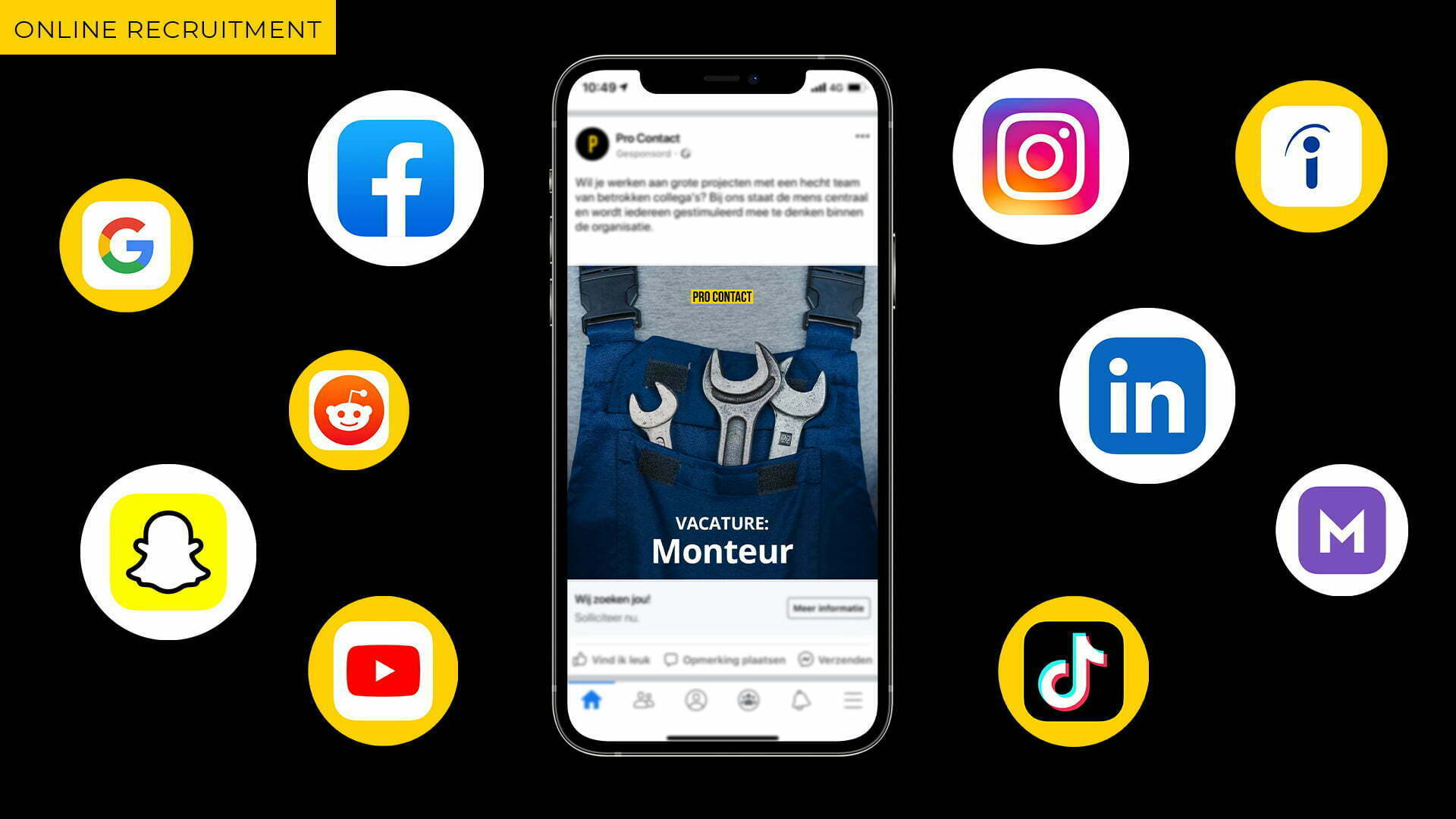 Smartphone showing a Pro Contact ad for a Mechanic vacancy, surrounded by social media channel logos
