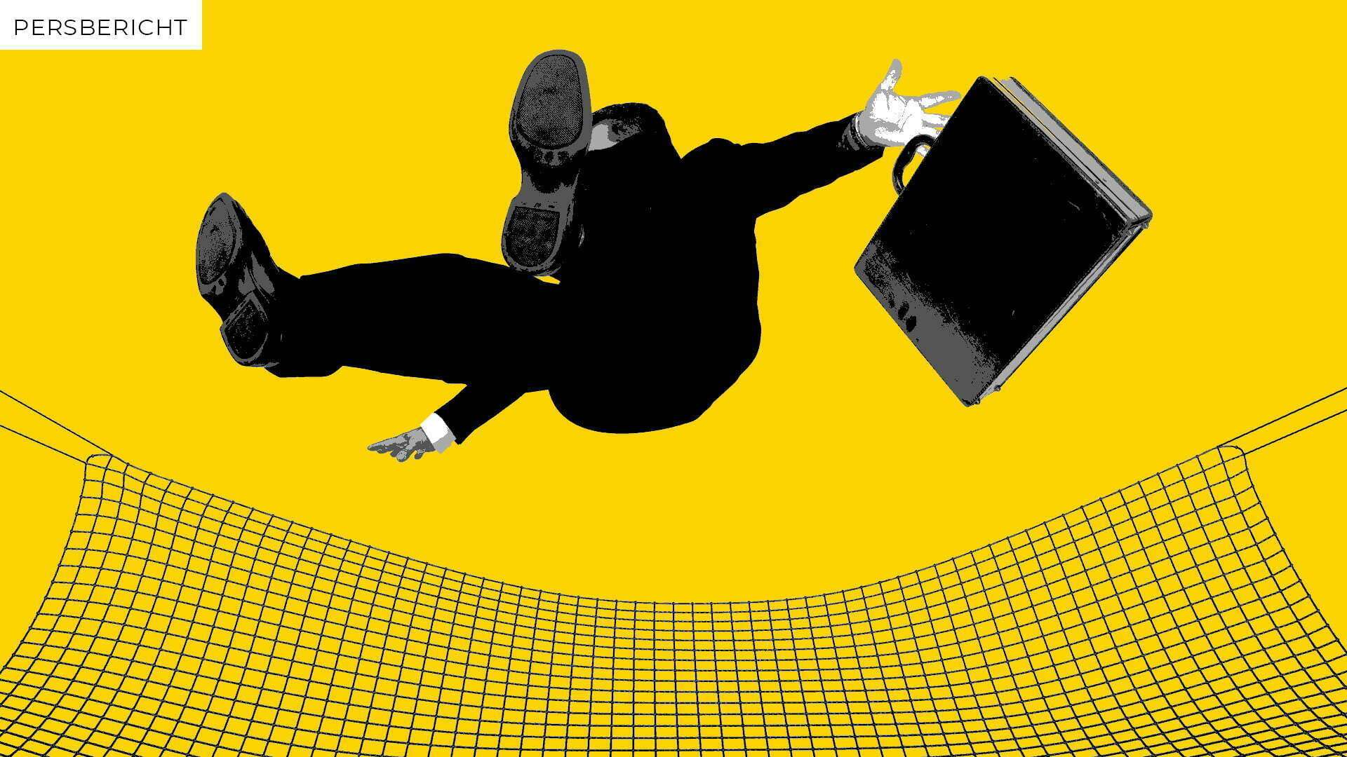 Businessman with a briefcase falling into a safety net, yellow illustration with the label Press release