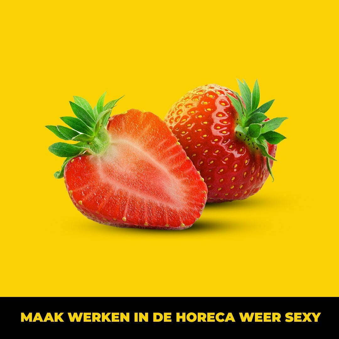 Two strawberries, one whole and one cut in half, on a yellow background with the text Make working in hospitality sexy again