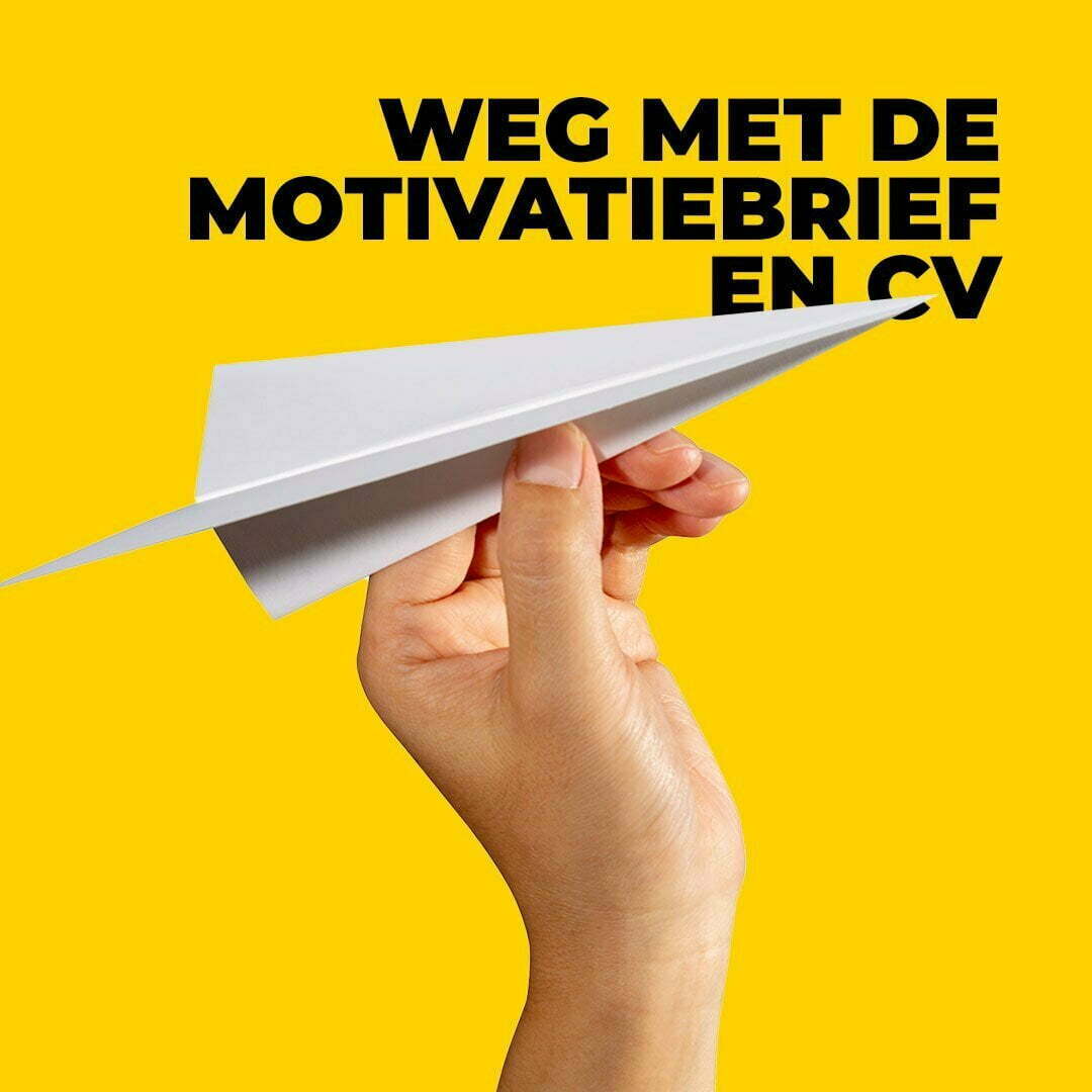 Hand holding a paper aeroplane against a yellow background with the text Out with the cover letter and CV