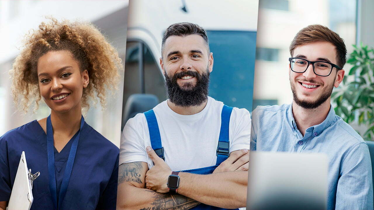 Collage of a healthcare worker with a clipboard, a mechanic in overalls and a man with a laptop
