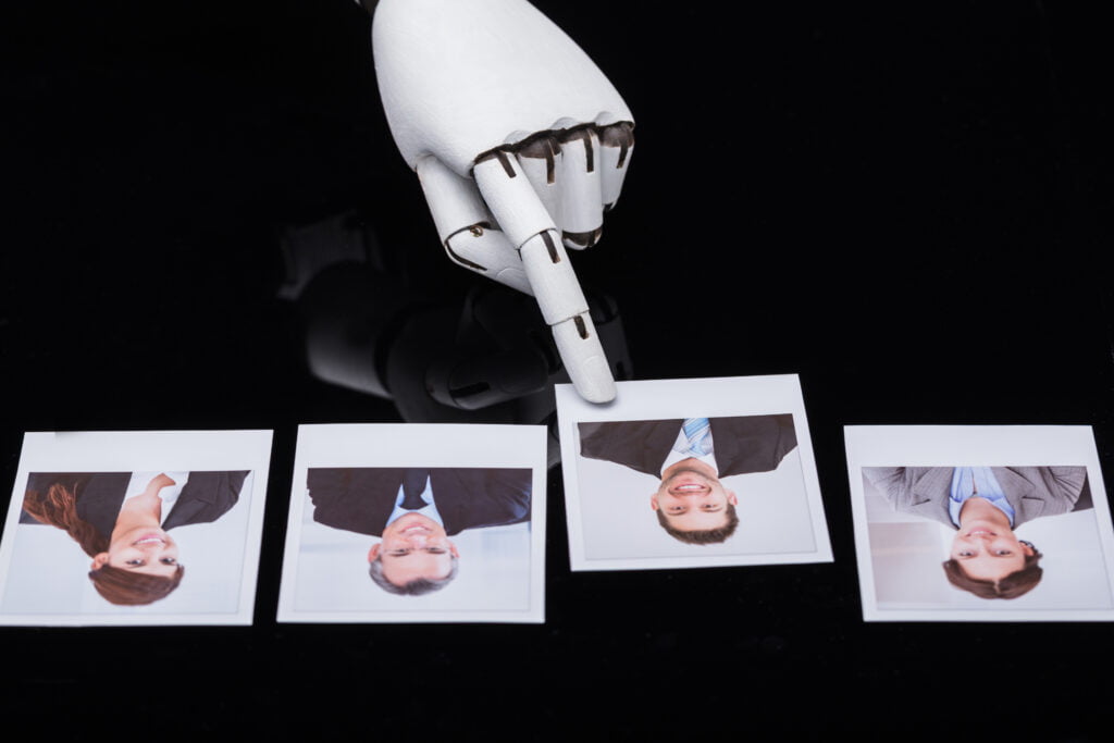 Robot hand pointing at one of four upside-down passport photos of candidates