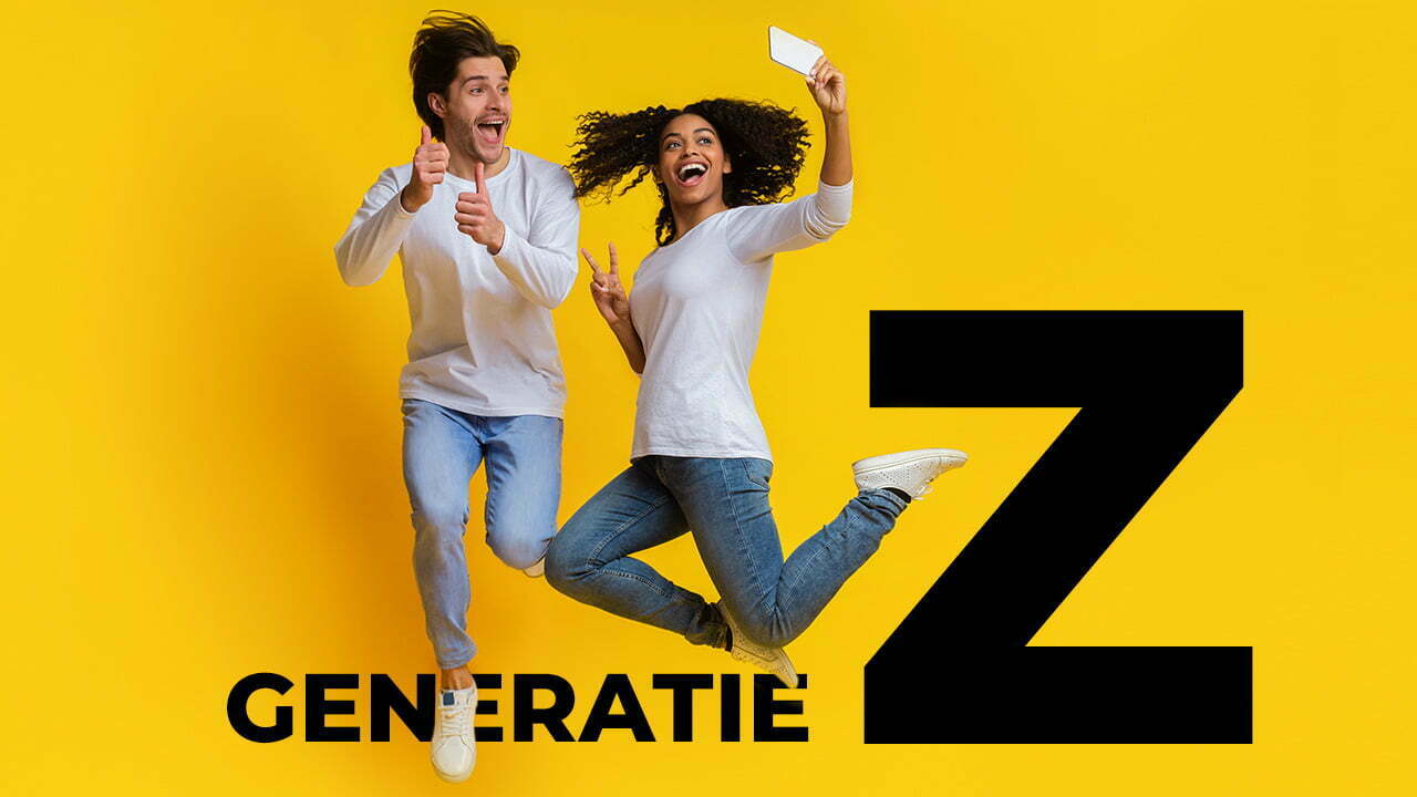 Young man and young woman jumping against a yellow background, she is taking a selfie, with the text 'Generation Z'