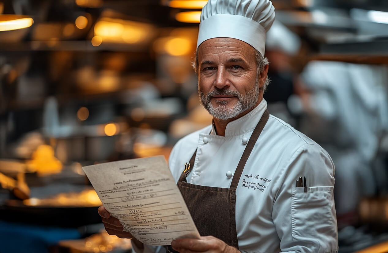 Chef in a chef's hat and apron holding a sheet of paper in a professional kitchen