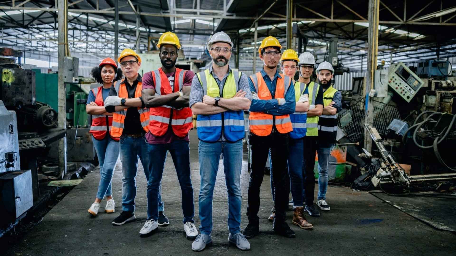 Group of colleagues in helmets and safety vests standing with arms crossed in a factory hall