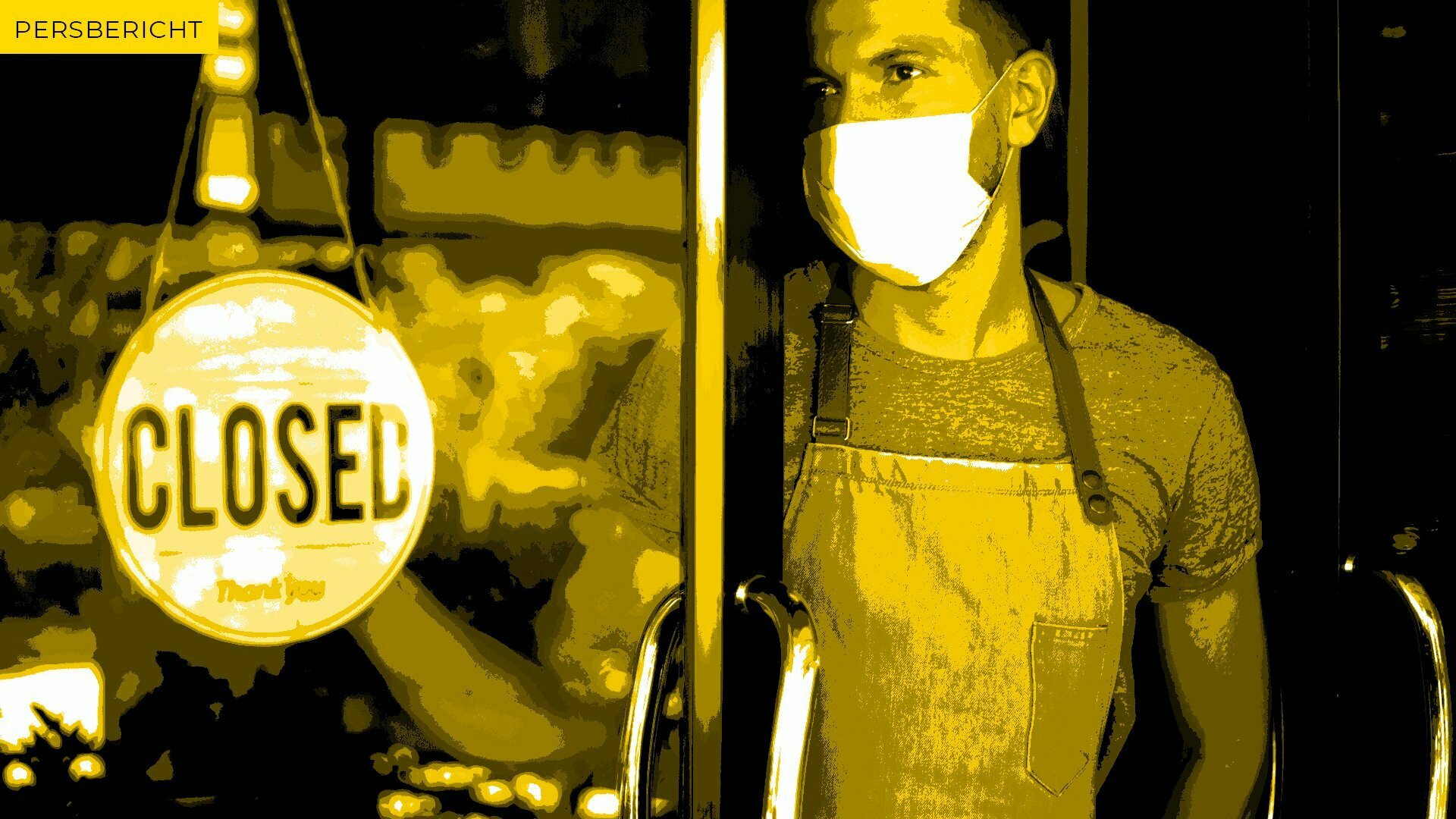 Man wearing a face mask and apron turning a "Closed" sign behind a glass door, label Press release