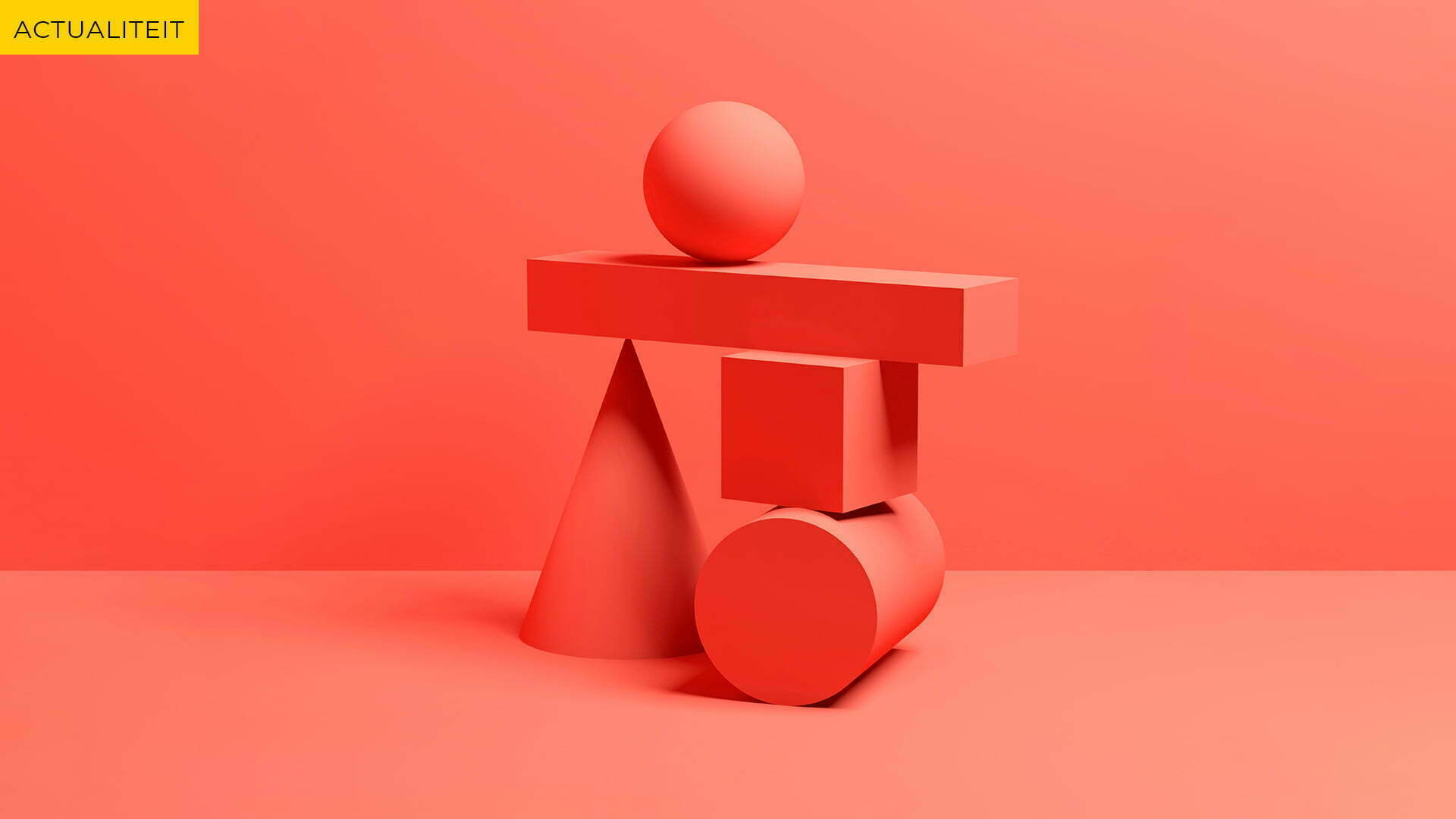 Red geometric shapes, sphere, cone, beam, cube and cylinder, stacked in balance, labelled News