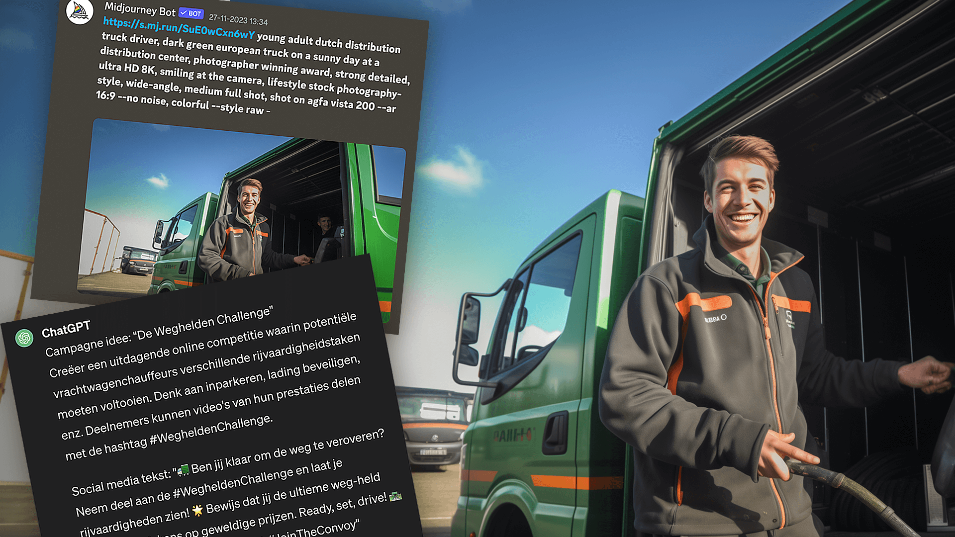 Collage with an AI-generated photo of a smiling lorry driver, with a Midjourney prompt and ChatGPT campaign text