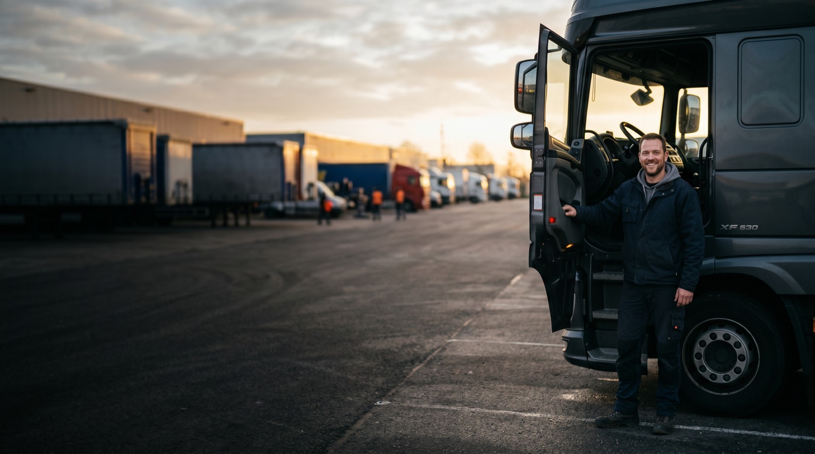 Smiling driver next to the open cab of his lorry at a transport yard