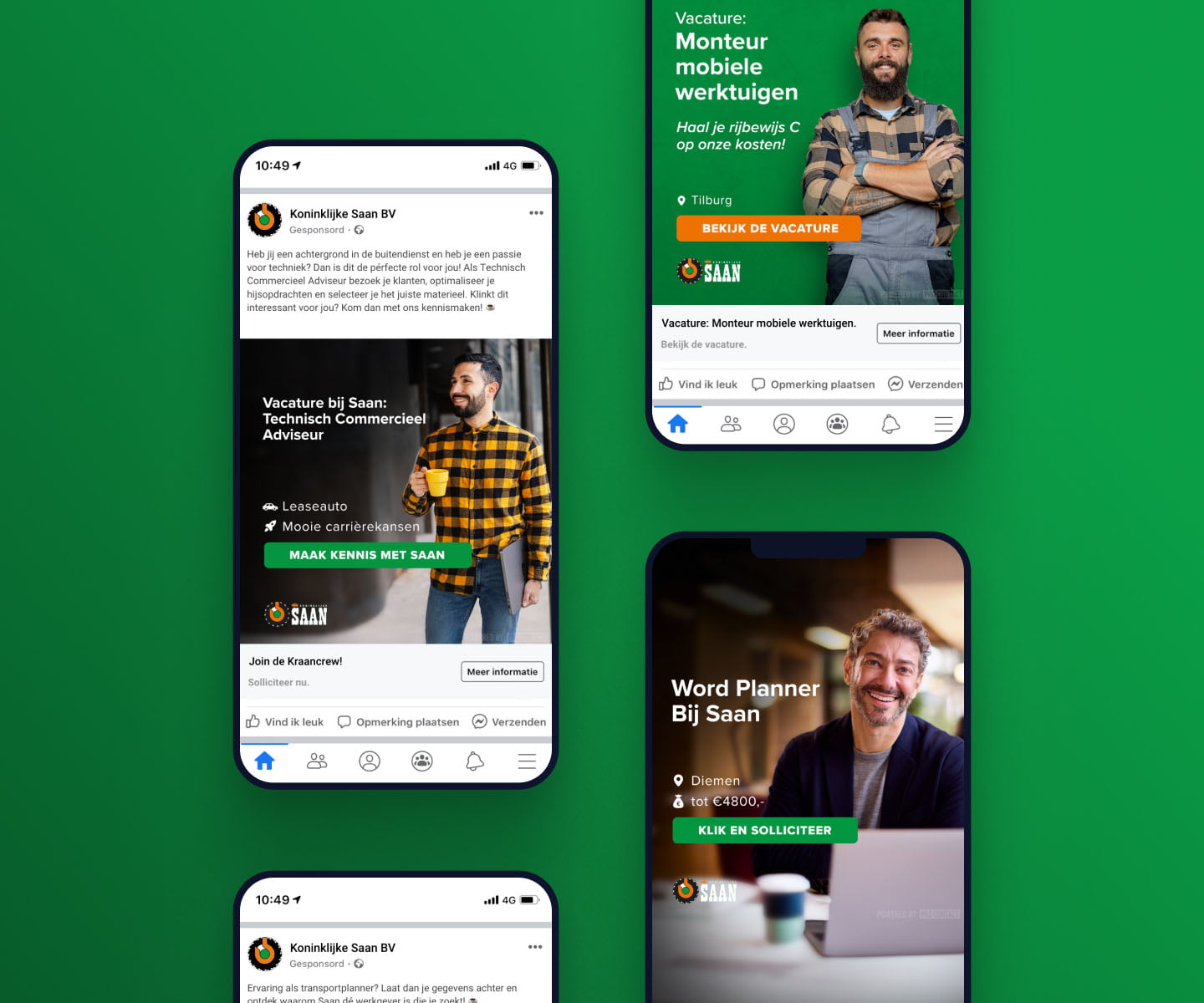 Four Koninklijke Saan Facebook ads for adviser, mechanic and planner vacancies on a green background