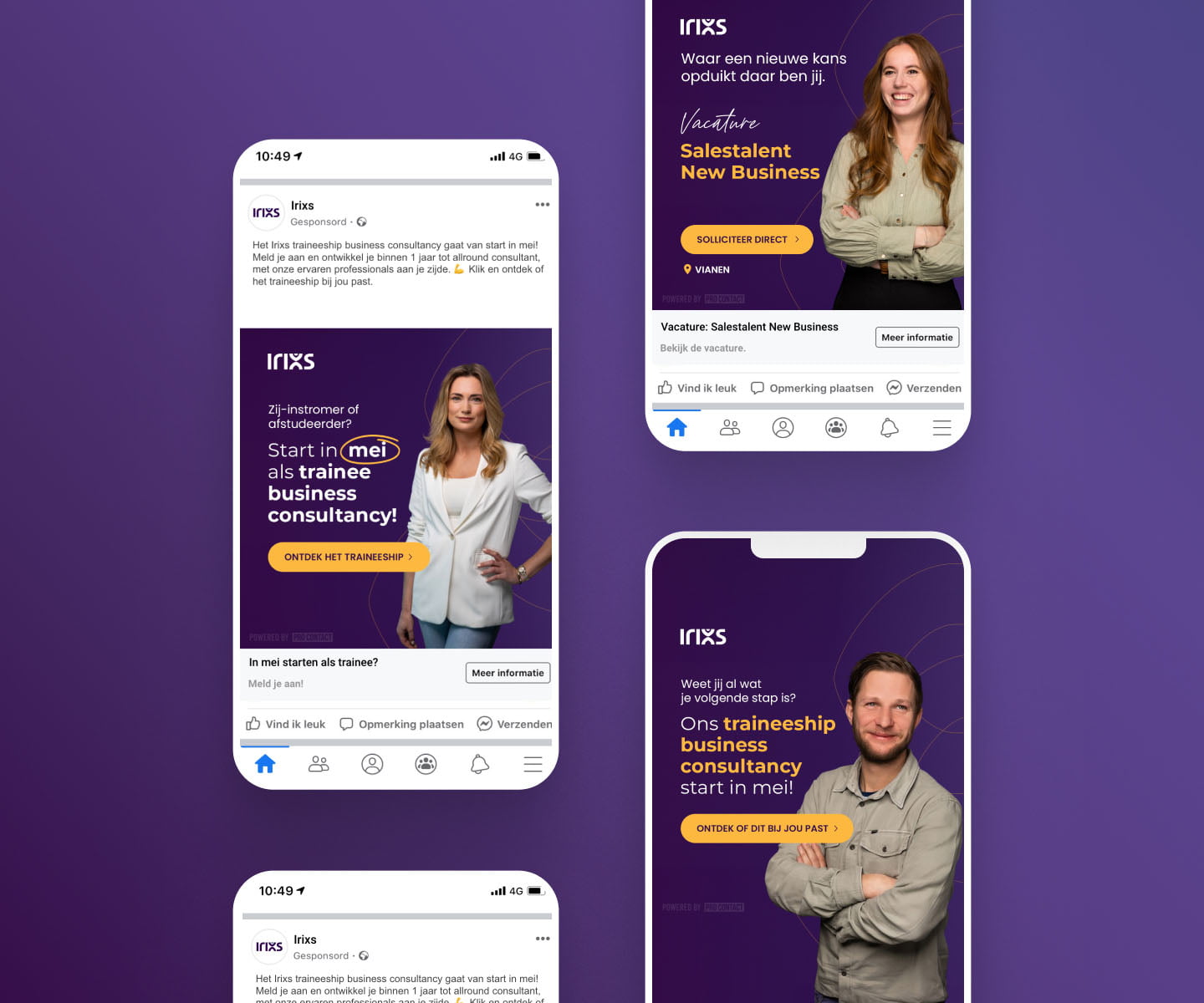Three Irixs Facebook ads for the business consultancy traineeship, each showing an employee against a purple background