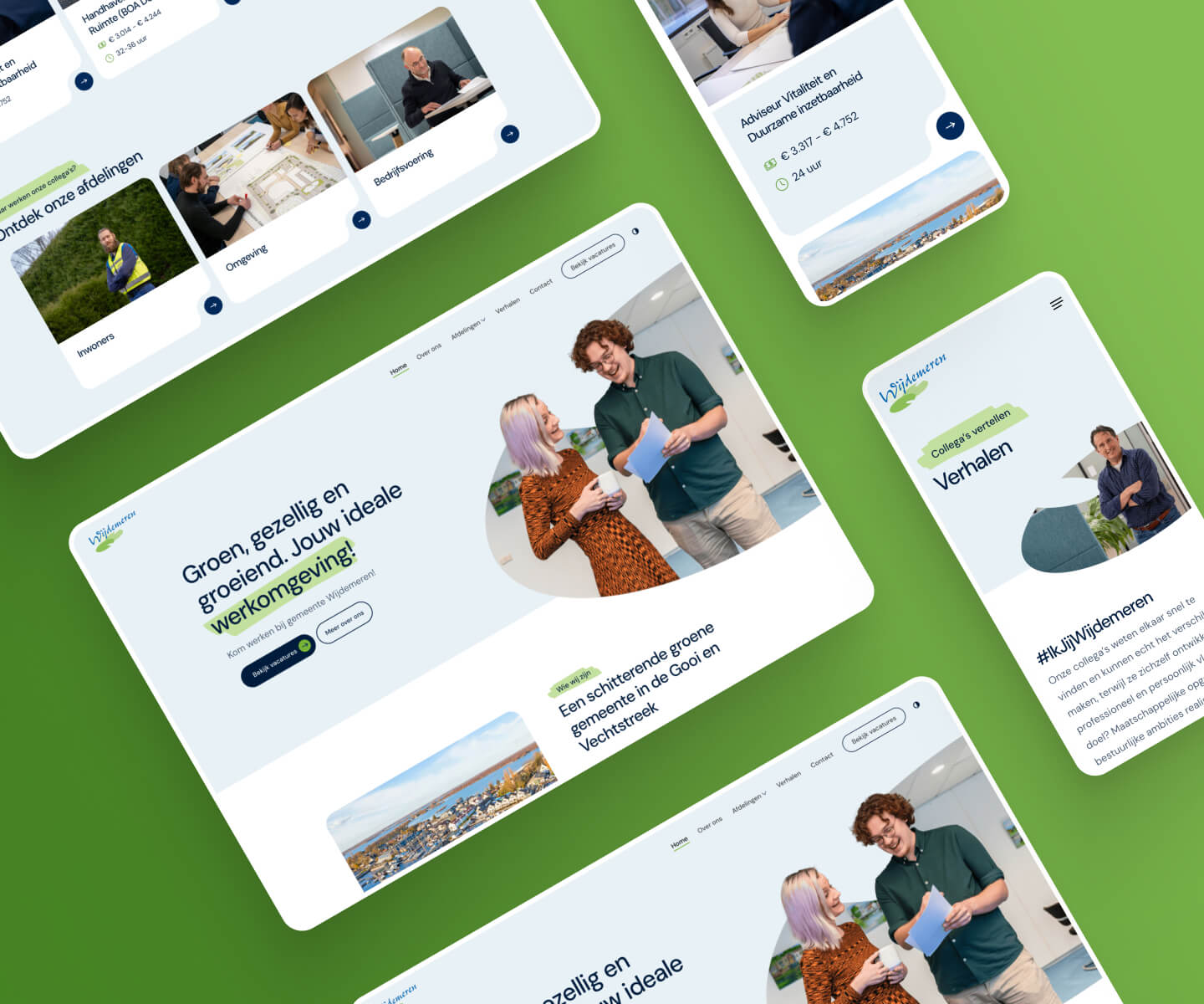 Mockups of the Gemeente Wijdemeren careers website on laptop and phone, showing vacancies and stories