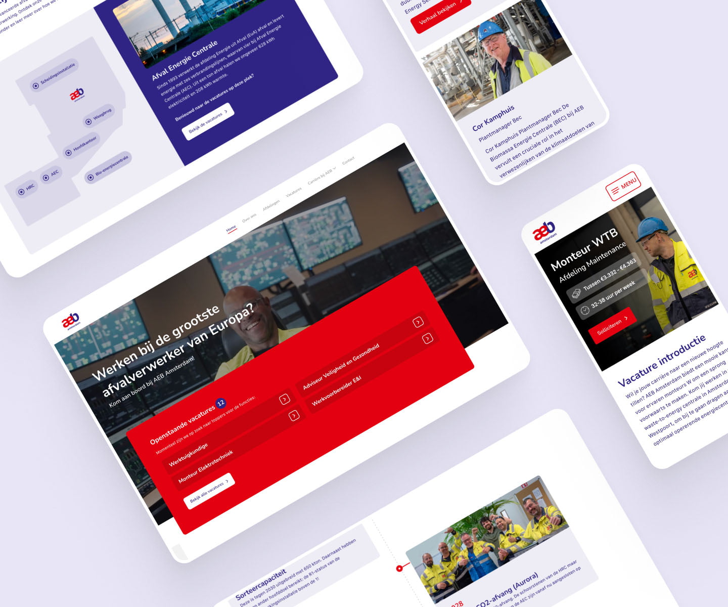 Mockups of the AEB Amsterdam careers website on tablet and phone, headline about working at Europe's largest waste processor