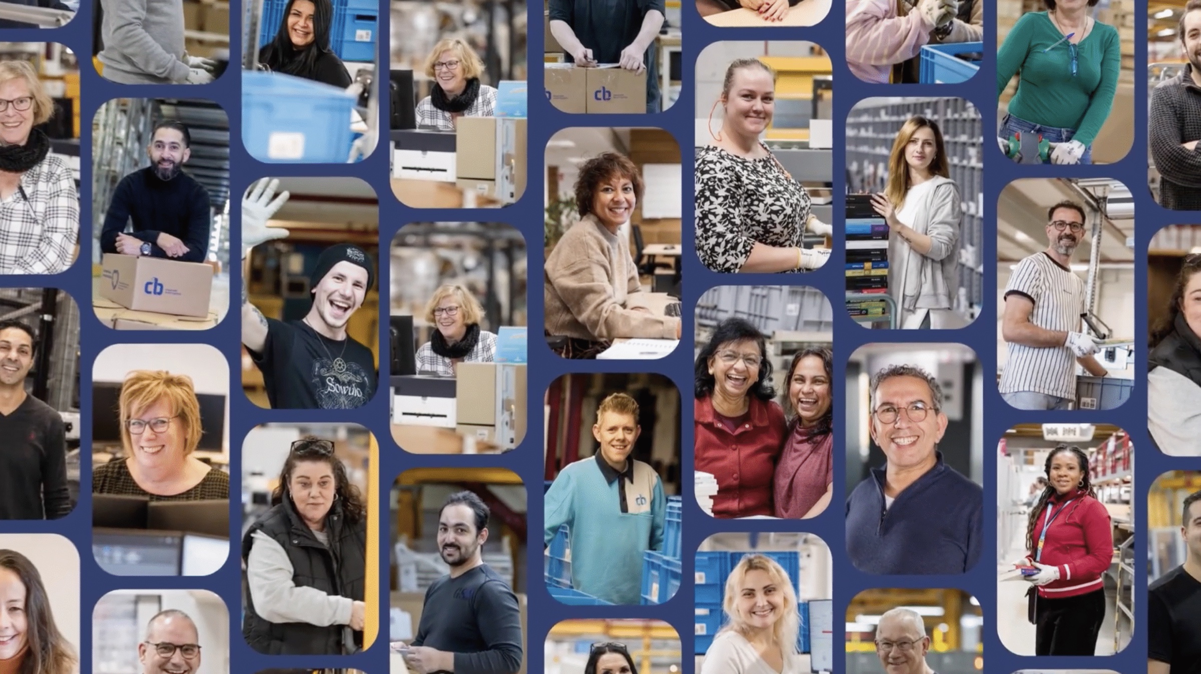 Collage of photos of smiling employees in a warehouse and distribution centre on a dark blue background