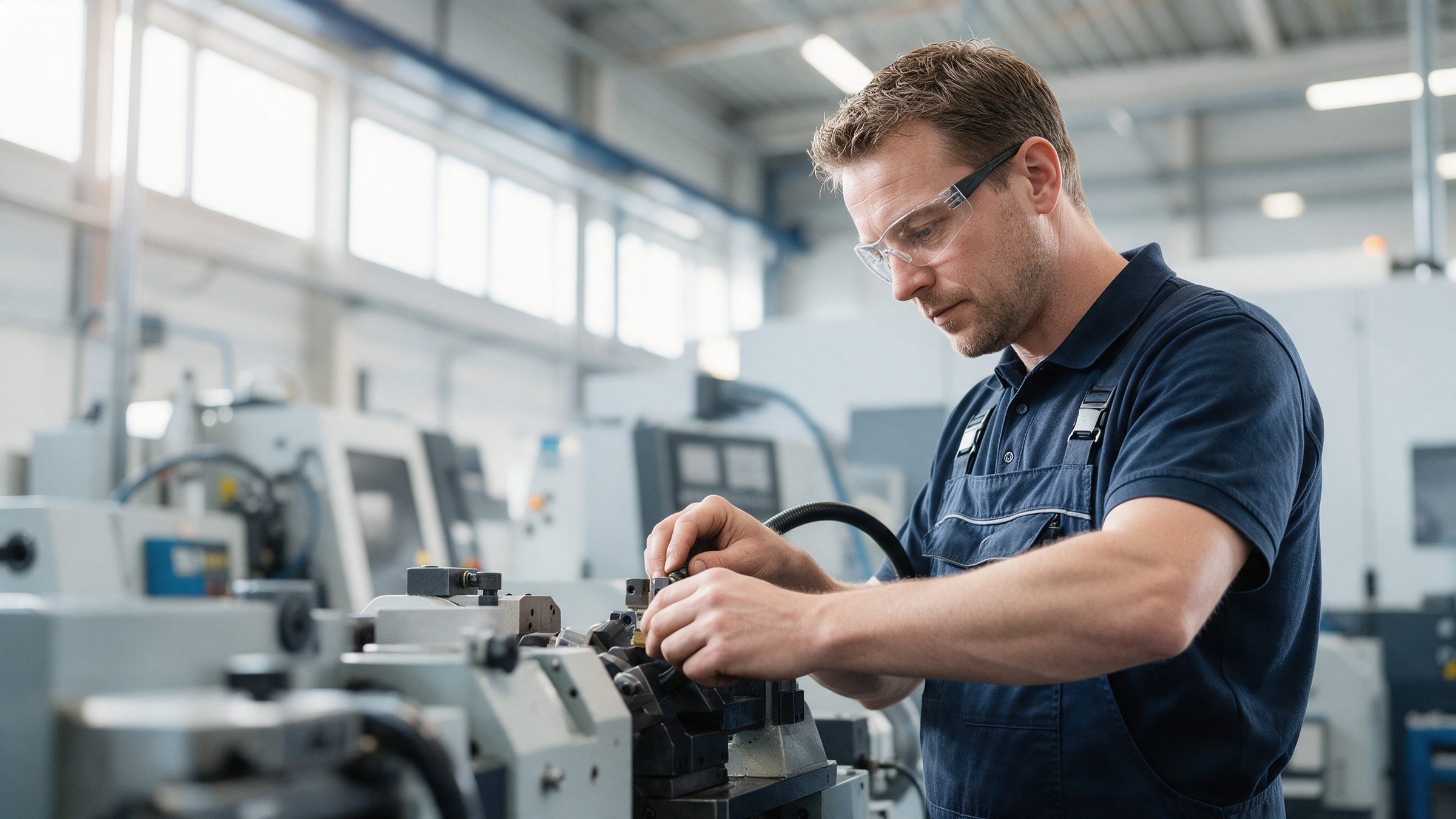 Technician wearing safety glasses adjusting a part on a machine in a production hall