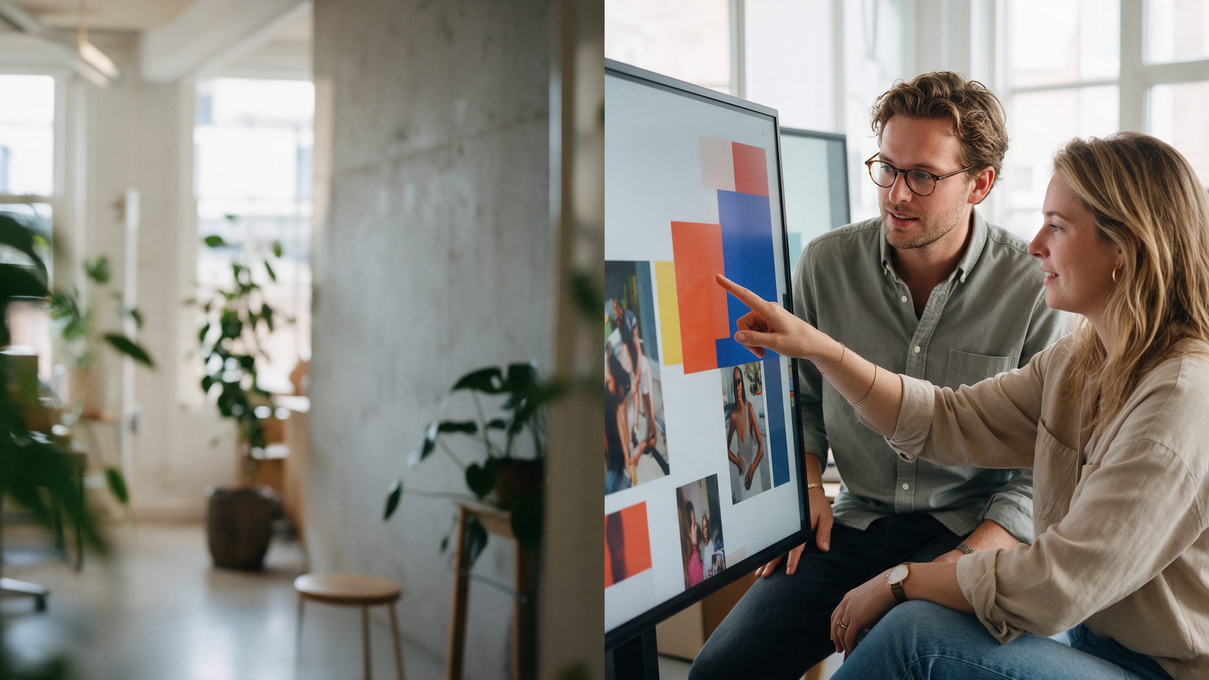 Two marketers discussing campaign visuals on a large screen in a bright office